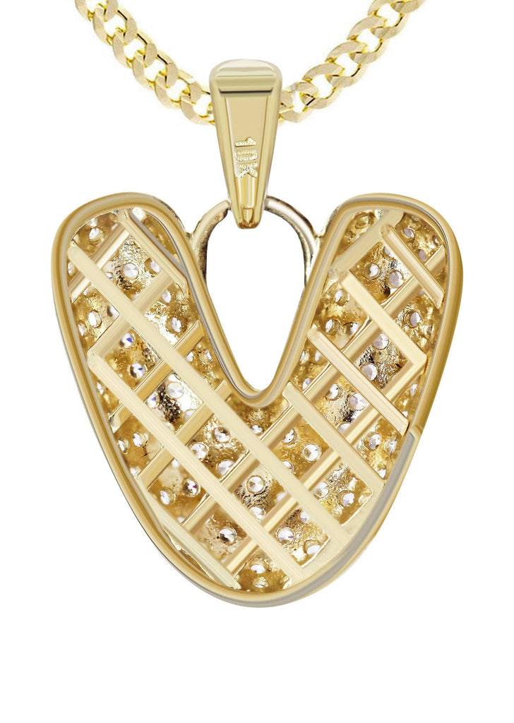 10K Yellow Gold Franco Chain & Bubble Letter "V" Cz Pendant | Appx. 13.1 Grams chain & pendant FrostNYC 