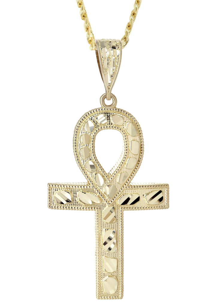 10K Yellow Gold Cuban Chain & Diamond Cut Ankh Pendant | Appx. 16.3 Grams chain & pendant FrostNYC 