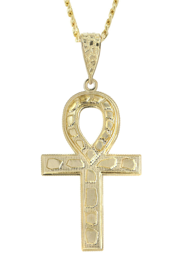 10K Yellow Gold Cuban Chain & Diamond Cut Ankh Pendant | Appx. 16.3 Grams chain & pendant FrostNYC 