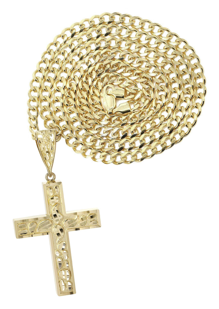 10K Yellow Gold Cuban Chain & Nugget Cross Pendant | Appx. 14.3 Grams chain & pendant FrostNYC 