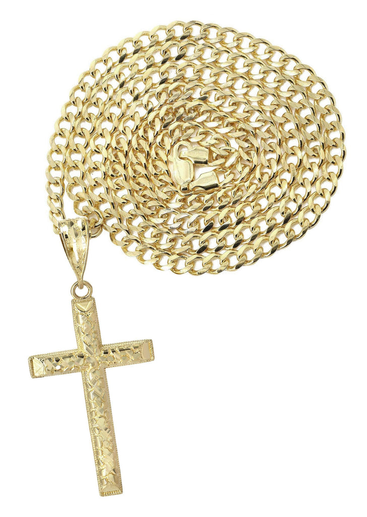 10K Yellow Gold Cuban Chain & Nugget Cross Pendant | Appx. 13.7 Grams chain & pendant FrostNYC 