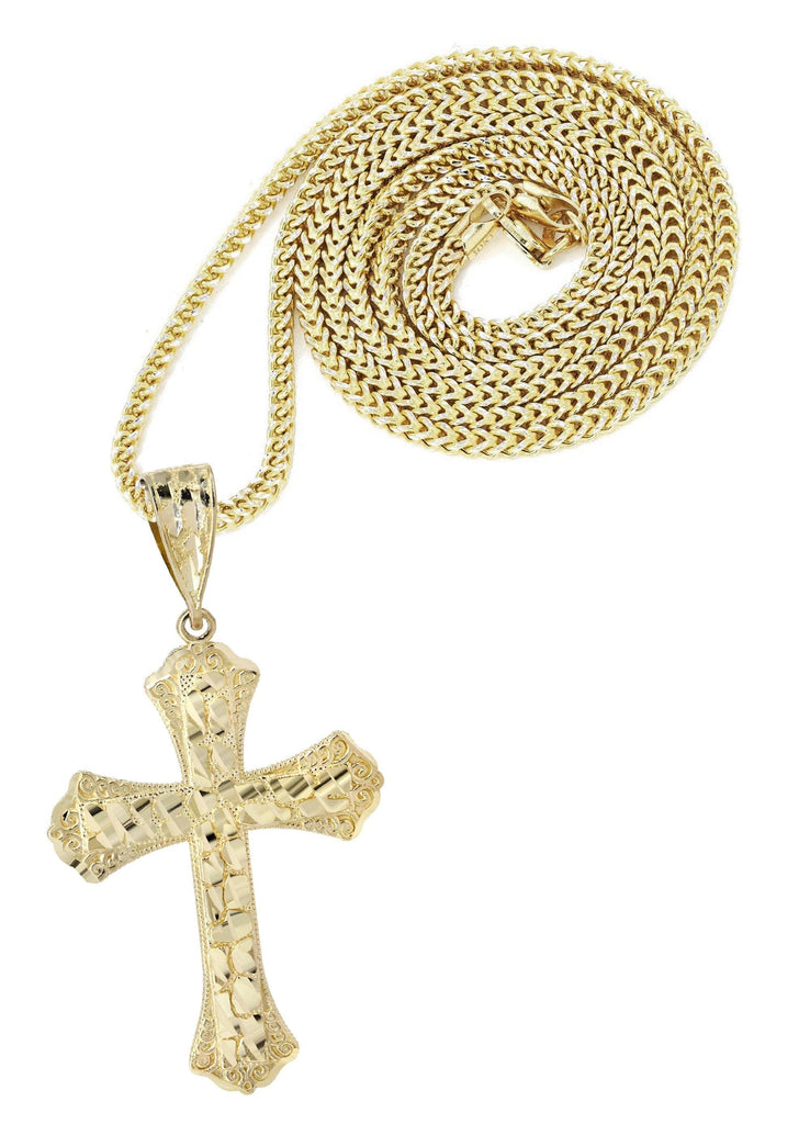 10K Yellow Gold Franco Chain & Nugget Cross Pendant | Appx. 14.3 Grams chain & pendant FrostNYC 